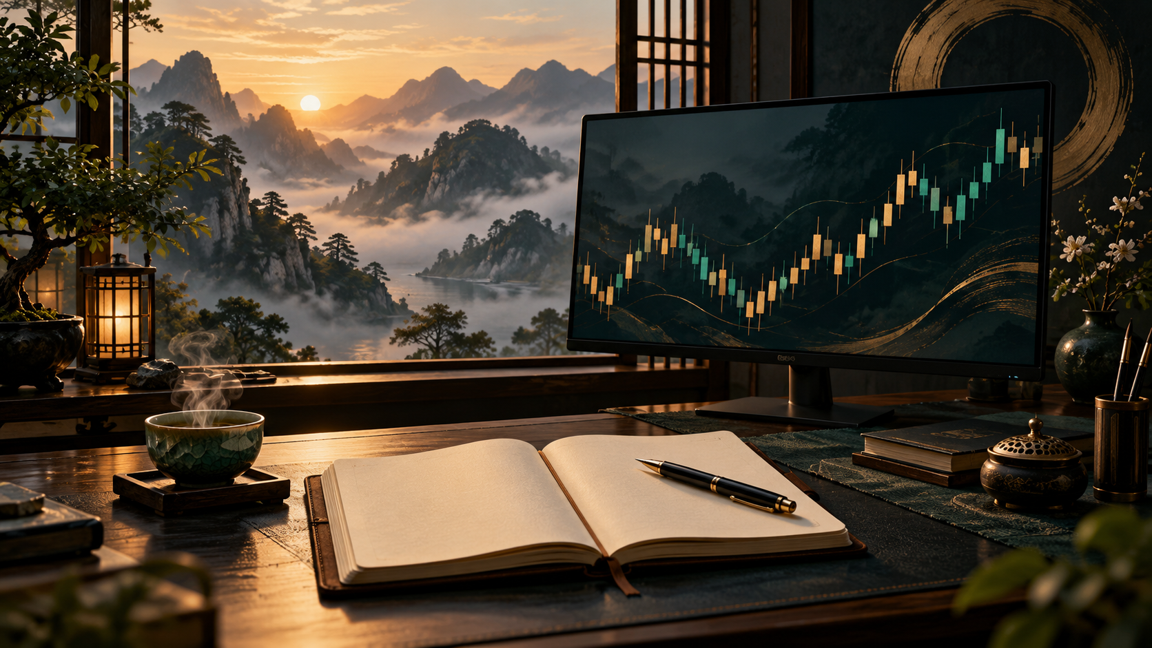 Góc học trading với màn hình biểu đồ, sổ nhật ký và tách trà bên khung cửa nhìn ra núi.
